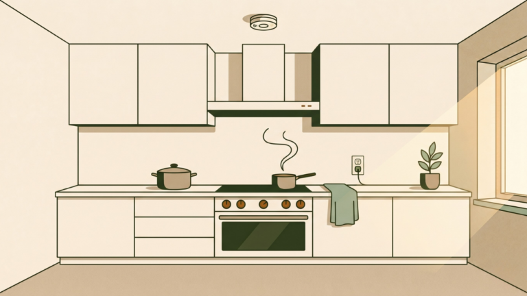Cocina doméstica con disposición ordenada y hábitos seguros, ejemplo de cómo prevenir incendios en la cocina según NOEMMA