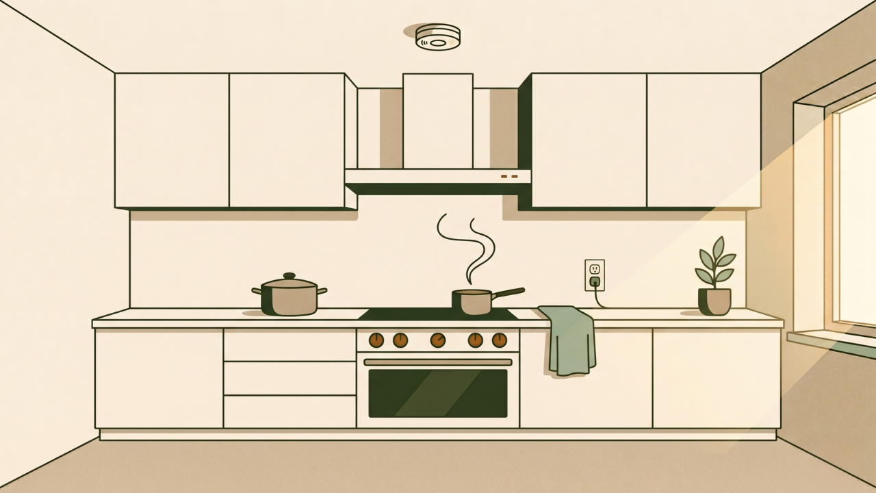 Cocina doméstica con disposición ordenada y hábitos seguros, ejemplo de cómo prevenir incendios en la cocina según NOEMMA